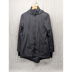Modetta womens size Medium black geometric rain jacket wind breaker, hood zip T8